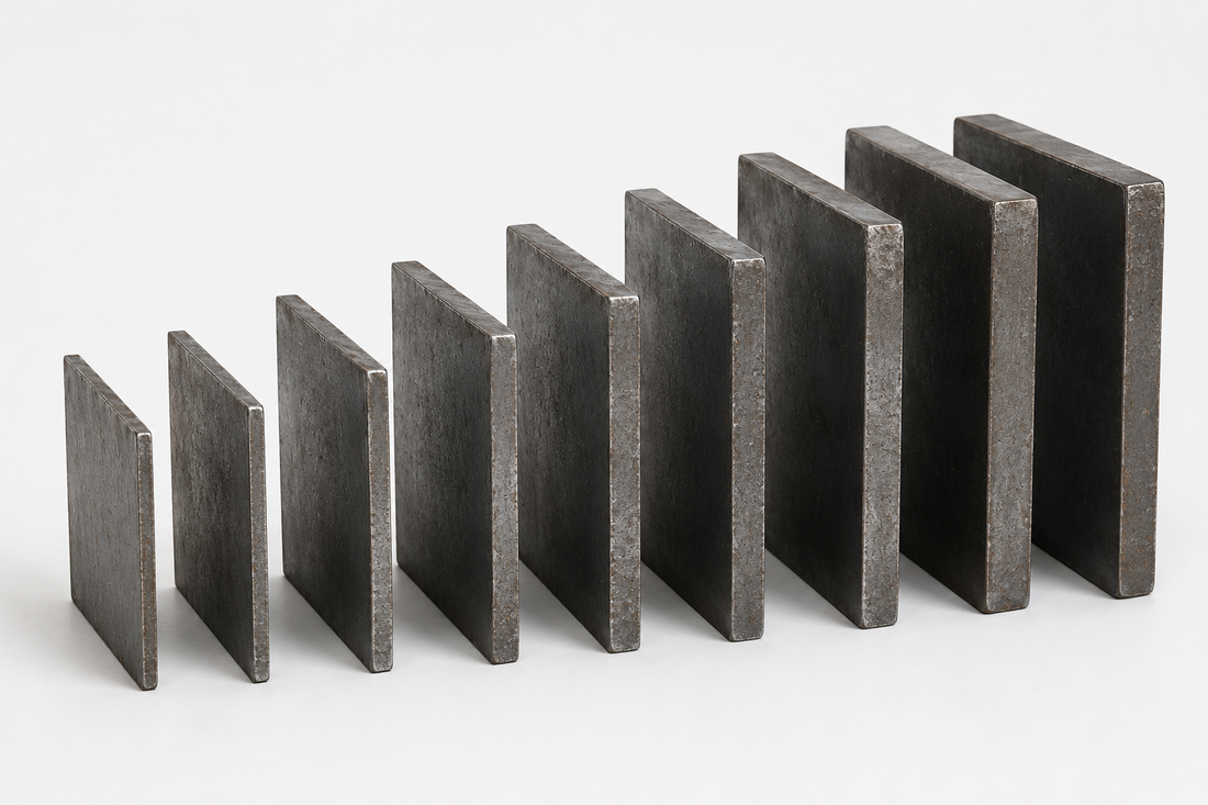 Diagram displaying steel thicknesses from 10mm to 50mm