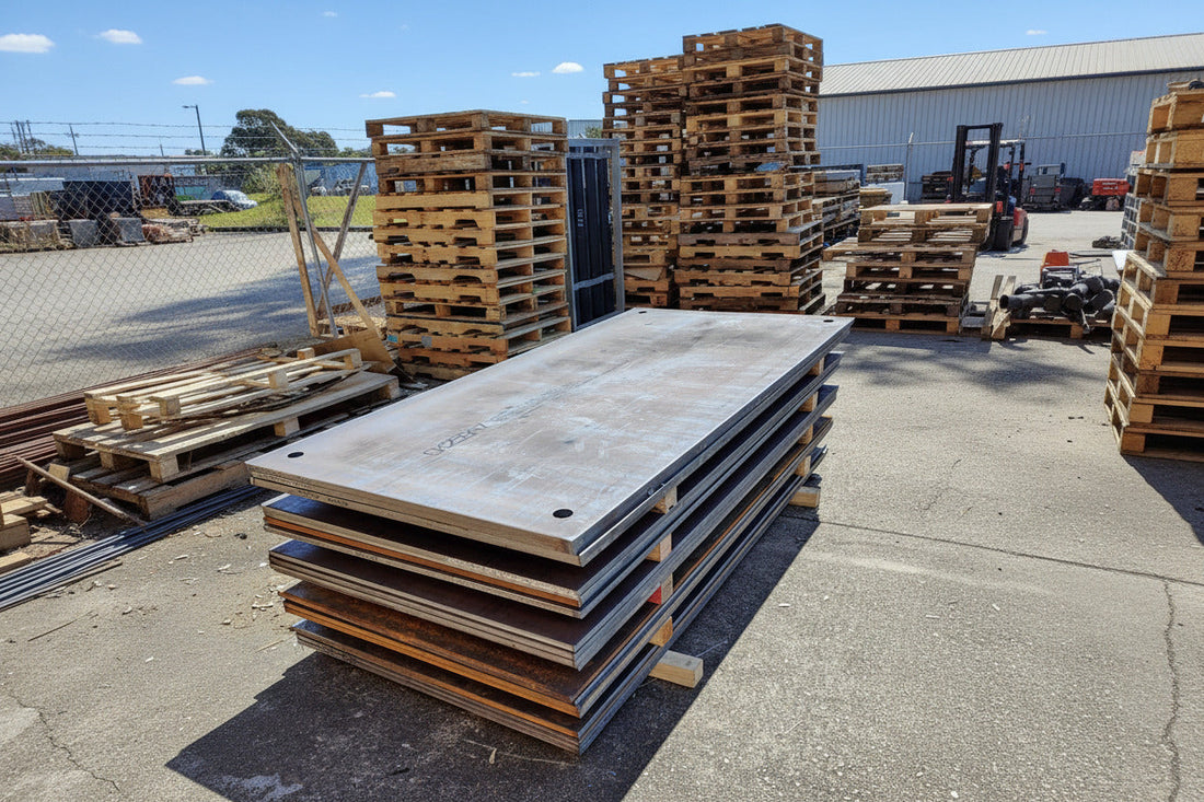 Stacked steel road plates stored in an industrial warehouse yard