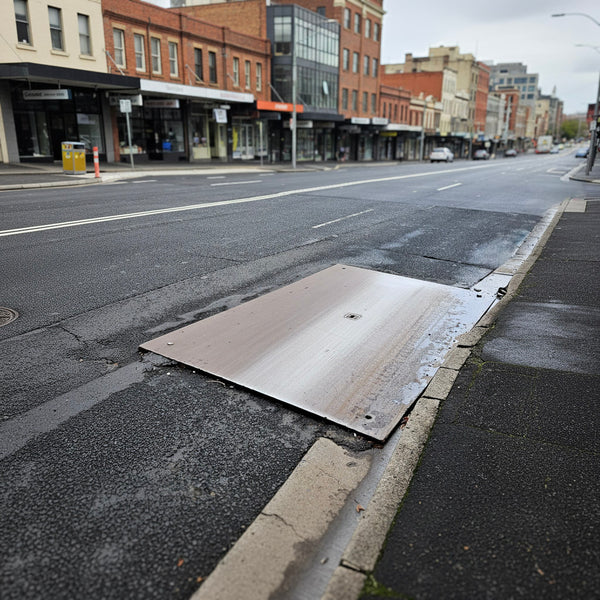 Steel road plate in use on Sydney street