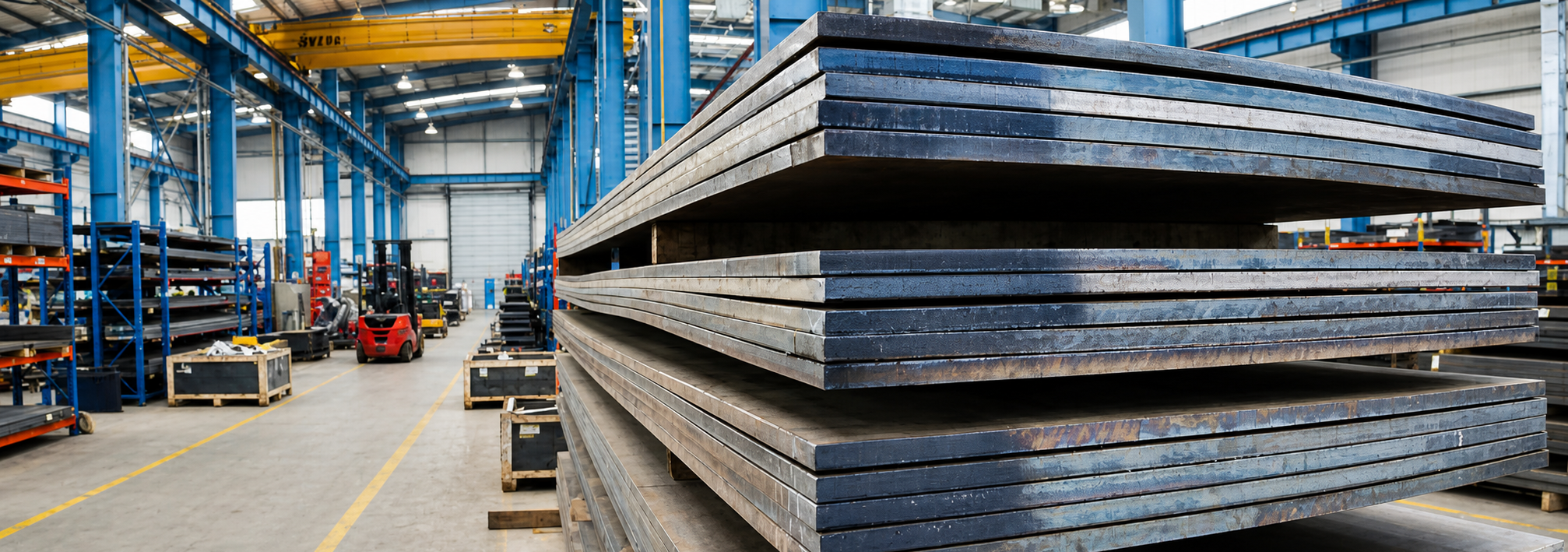 Thick steel sheets stacked ready for processing in warehouse