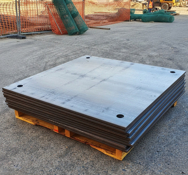 Stack of metal plates on a concrete surface